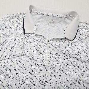 Puma Polo Shirt Mens 2XL White Navy Long Sleeve Quarter Zip Golf Print Sport